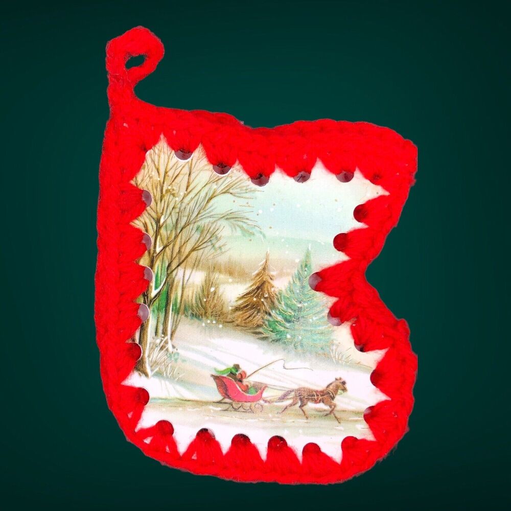 VTG Repurposed Christmas Ephemera Crochet Edge Stocking Gift Card Candy Holder - Picture 4 of 5